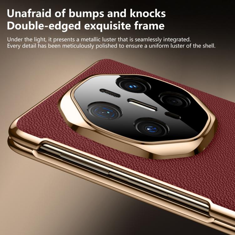 Close-up of red textured genuine leather phone case with gold-tone camera frame