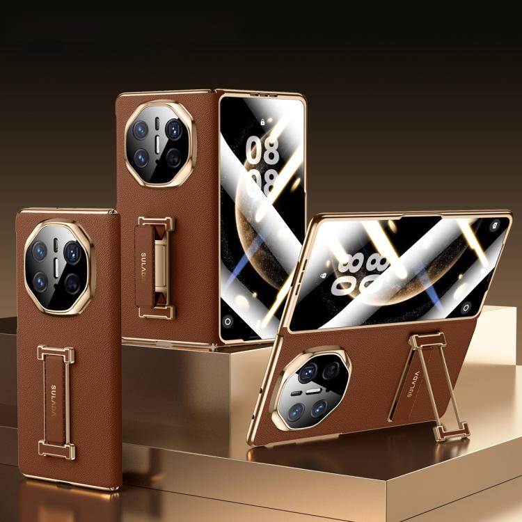 Leather phone cases with wrist strap and gold-tone hardware, brown and red options