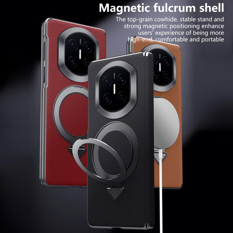 Top grain leather MagSafe phone case with magnetic ring stand, red and black options