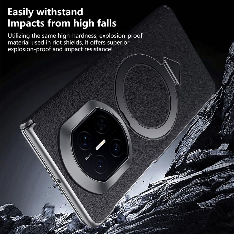 Black top-grain leather MagSafe magnetic holder phone case with camera cutout and ring