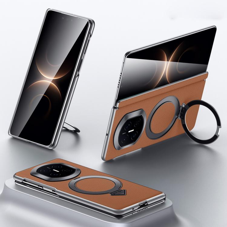 Brown top-grain leather MagSafe magnetic holder phone case with camera cutout and ring