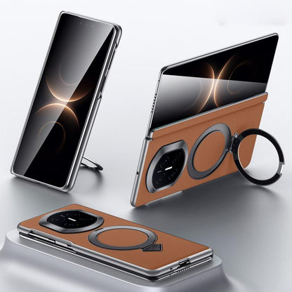 Brown top-grain leather MagSafe magnetic holder phone case with camera cutout and ring