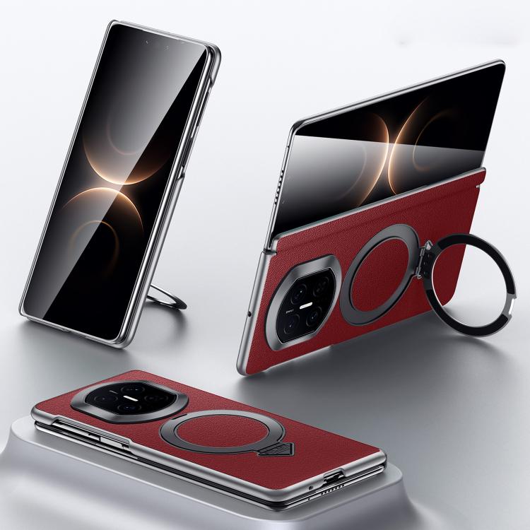 Red top-grain leather MagSafe magnetic holder phone case with camera cutout and ring