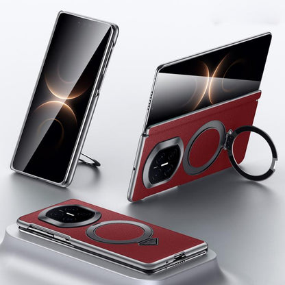 Red top-grain leather MagSafe magnetic holder phone case with camera cutout and ring