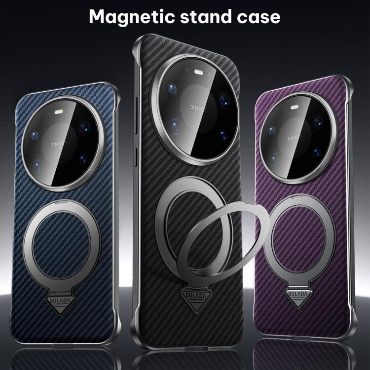 Magnetic ring phone cases in blue, black, and purple with Kevlar-textured backs