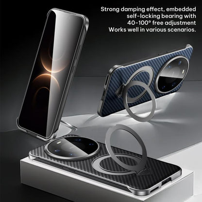Blue Kevlar-textured magnetic phone case with circular ring stand