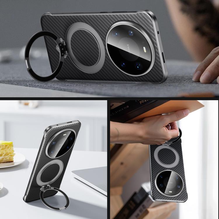 Black Kevlar-textured magnetic phone case with circular ring stand