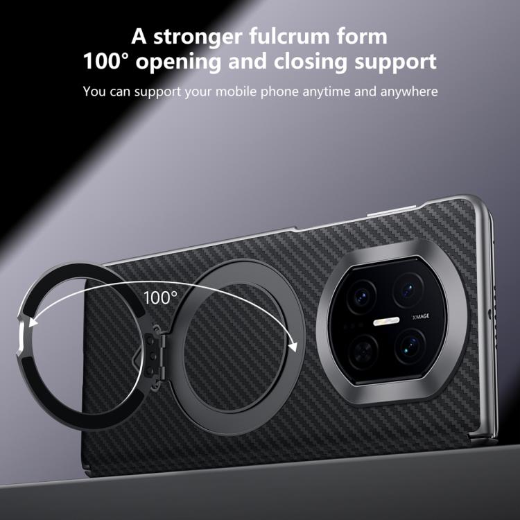 Black carbon-fiber MagSafe phone case with large circular magnetic ring and hinge