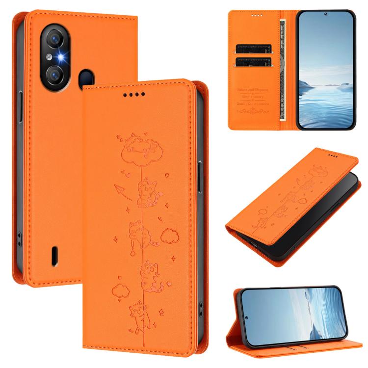Orange embossed cat magnetic RFID vegan leather folio phone case with card slots