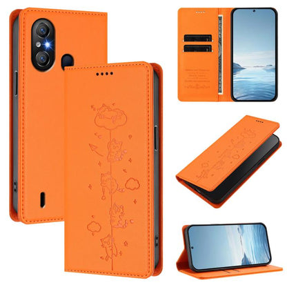 Orange embossed cat magnetic RFID vegan leather folio phone case with card slots