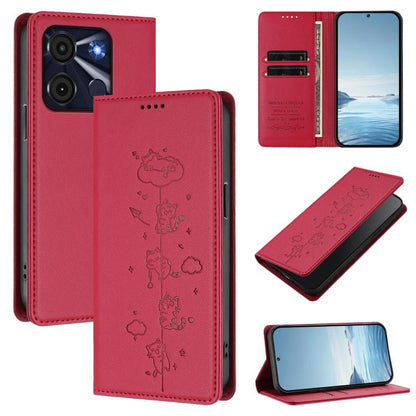 Red vegan leather phone case with cute cat line art and magnetic RFID flap