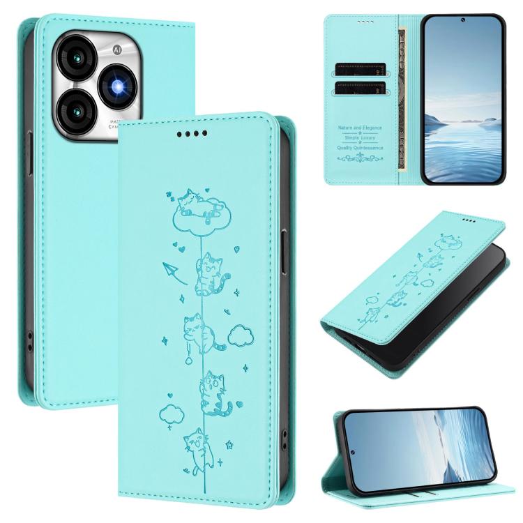 Mint green cat-themed magnetic wallet phone case with flip cover and embossed cats
