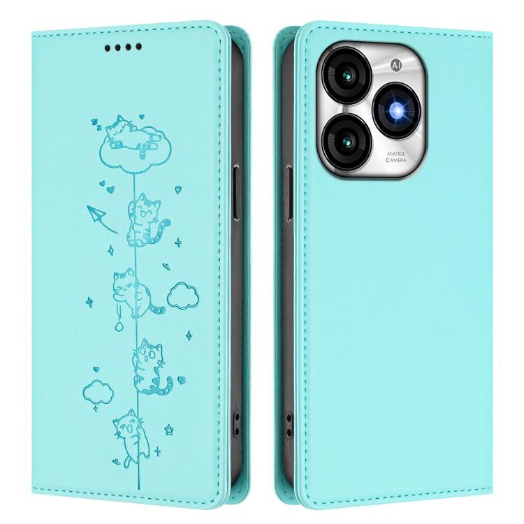 Mint green folio phone case with cat line-art pattern and card slots, magnetic closure