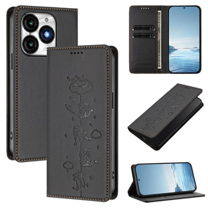 Black cat-themed magnetic wallet phone case with flip cover and embossed cat pattern