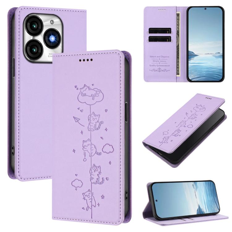 Light purple vegan leather phone case with cute cat line art and magnetic RFID flap