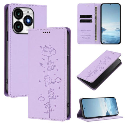 Light purple vegan leather phone case with cute cat line art and magnetic RFID flap