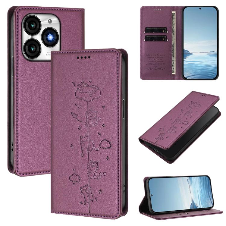 Violet purple vegan leather phone case with cute cat line art and magnetic RFID flap
