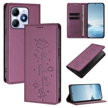 Plum purple vegan leather phone case with embossed cute cats and magnetic RFID closure