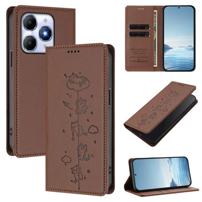 Brown vegan leather phone case with embossed cute cats and magnetic RFID closure
