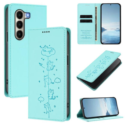 Light turquoise magnetic RFID vegan leather phone case with cat line-art and side card slots