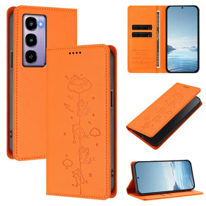Orange vegan leather phone case with embossed cute cats and magnetic RFID closure