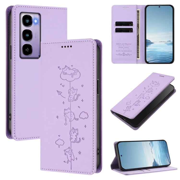 Light purple embossed cat magnetic RFID vegan leather folio phone case with card slots