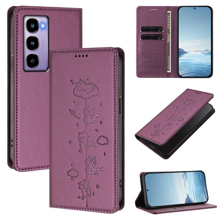 Mauve purple embossed cat magnetic RFID vegan leather folio phone case with card slots