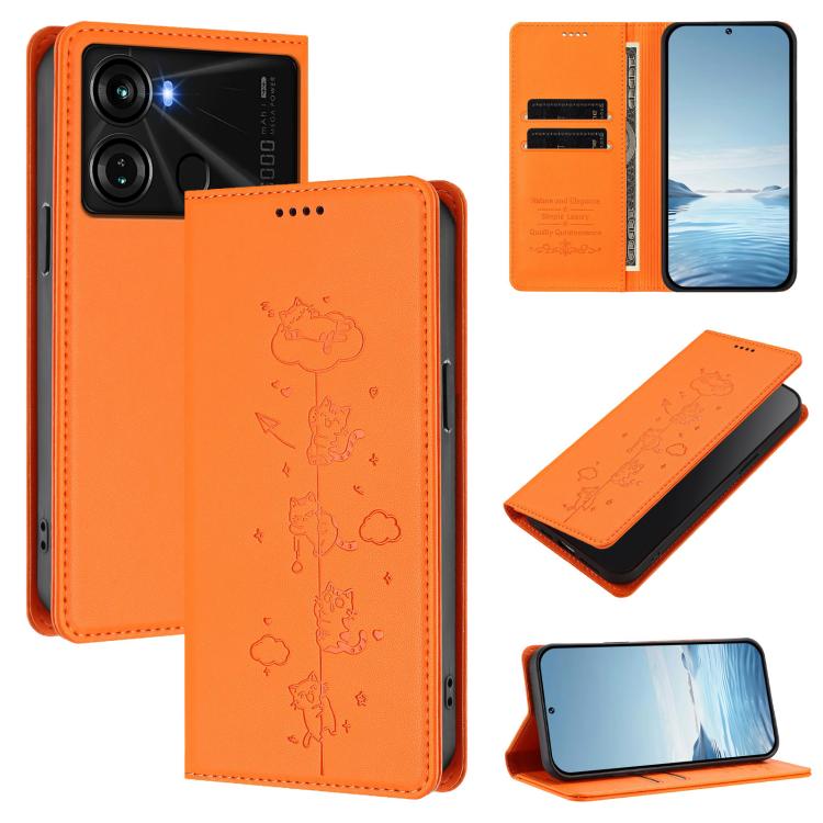 Orange vegan leather phone case with embossed cat line art, folio flip with camera opening