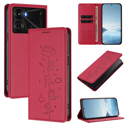 Red vegan leather phone case with embossed cat line art, folio flip cover and cutouts