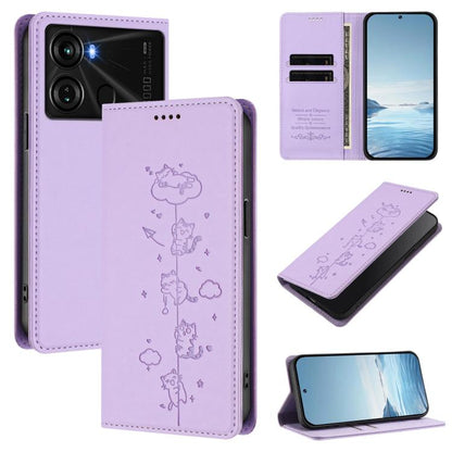 Cat-themed vegan leather magnetic RFID phone case in lavender, outlined cat pattern