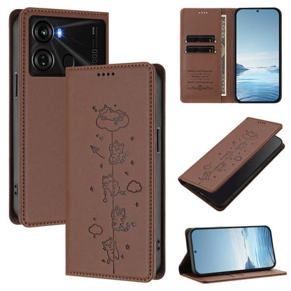 Cat-themed vegan leather magnetic RFID phone case in brown, outlined cat pattern