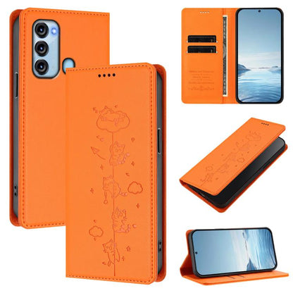 Cat-themed vegan leather magnetic RFID phone case in orange, outlined cat pattern