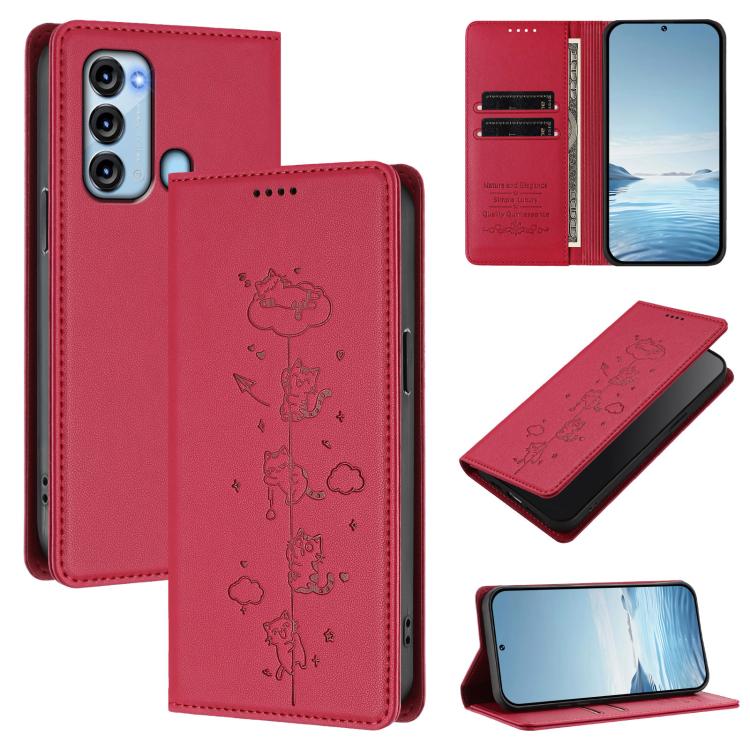 Cat-themed vegan leather magnetic RFID phone case in red, outlined cat pattern