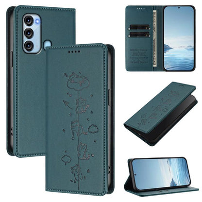 Dark teal phone case with embossed cat line art, magnetic closure, and RFID card slot