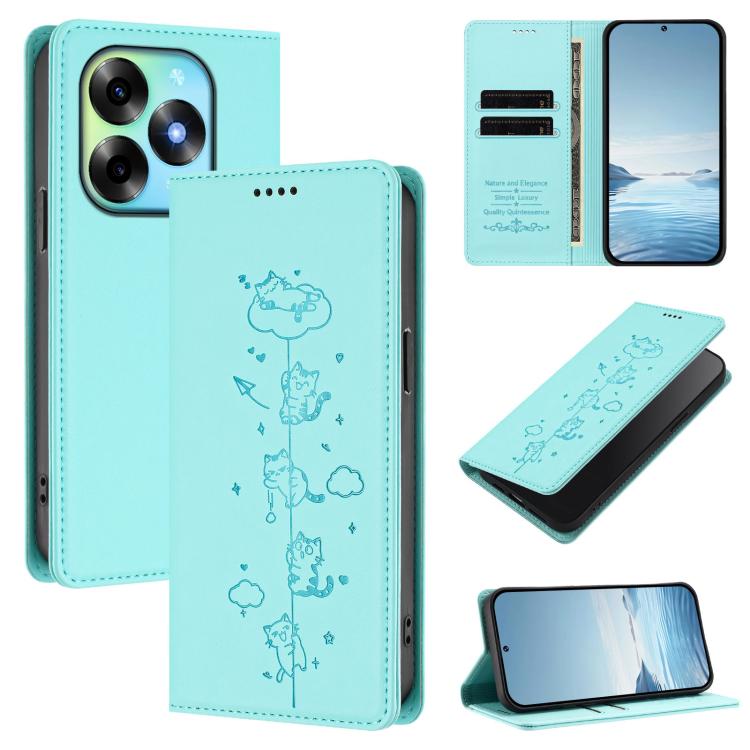 Aqua blue vegan leather phone case with embossed cute cats and card slots