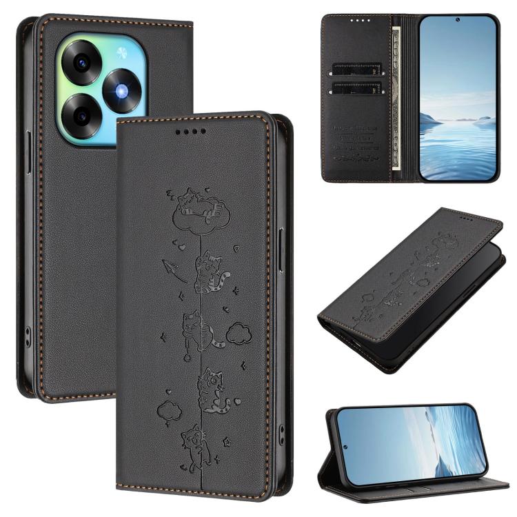 Dark gray vegan leather phone case with embossed cute cats and card slots