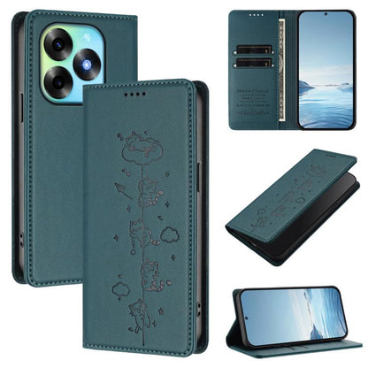 Magnetic RFID vegan leather phone case, dark teal, cute cat line art, flip cover