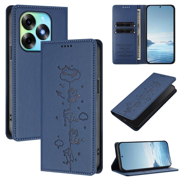 Magnetic RFID vegan leather phone case, navy blue, cute cat line art, flip cover