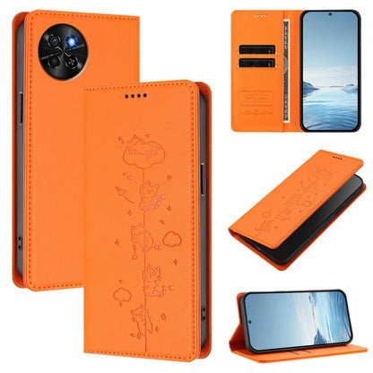 Magnetic RFID vegan leather phone case, orange, cute cat line art, flip cover