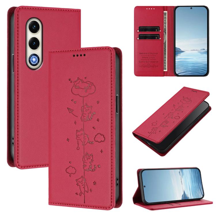 Red vegan leather phone case with cute cat emboss and magnetic RFID wallet flap