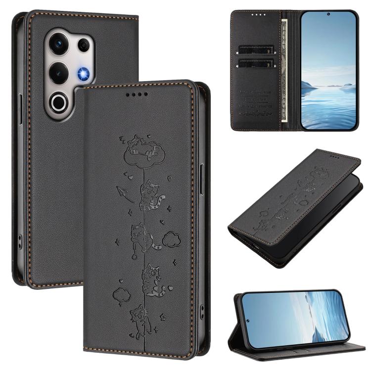 Charcoal gray vegan leather magnetic RFID phone case with cute cat embossed pattern