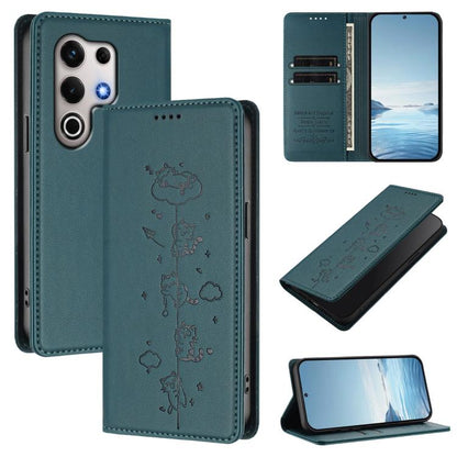 Teal green vegan leather phone case with cute cat emboss and magnetic RFID wallet flap