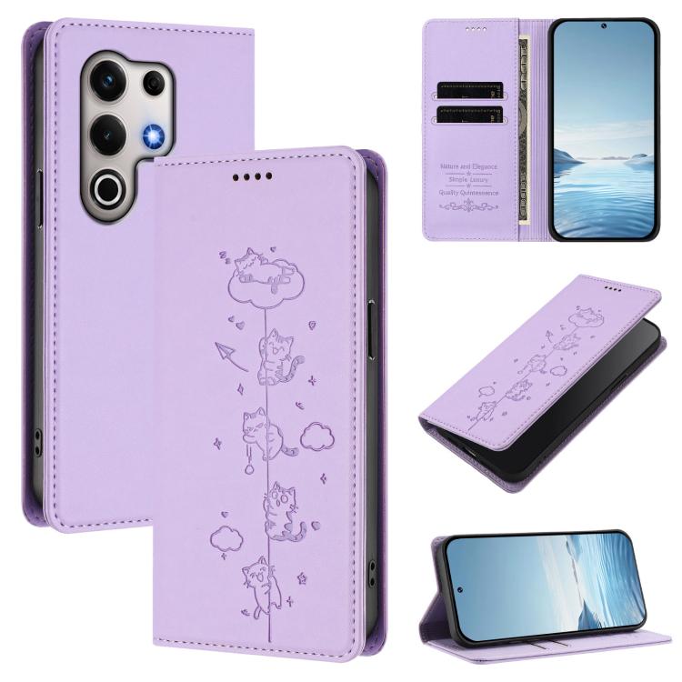 Light purple vegan leather phone case with cute cat emboss and magnetic RFID wallet flap