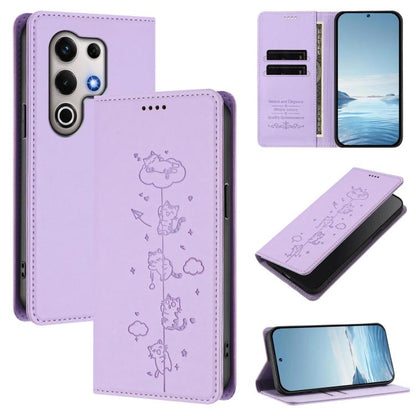 Light purple vegan leather phone case with cute cat emboss and magnetic RFID wallet flap
