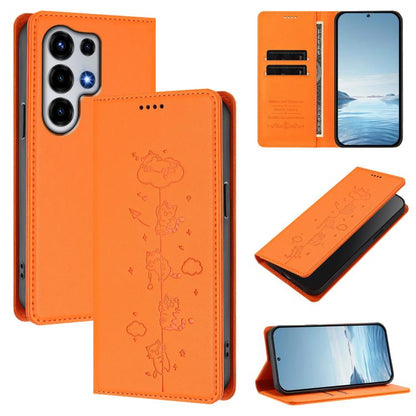 Magnetic RFID phone case in orange vegan leather with embossed cat pattern and card slots