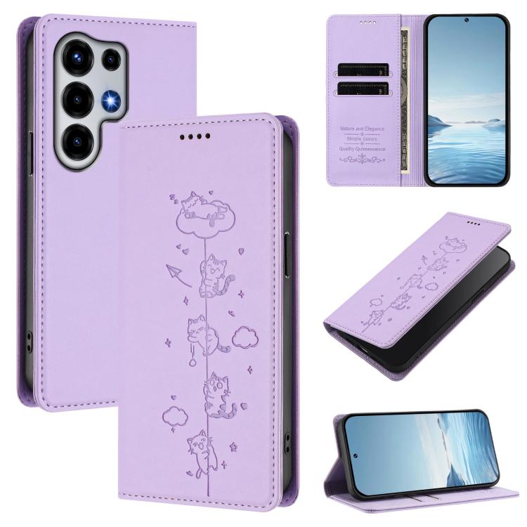 Purple magnetic RFID wallet phone case with embossed cute cat pattern and flip cover