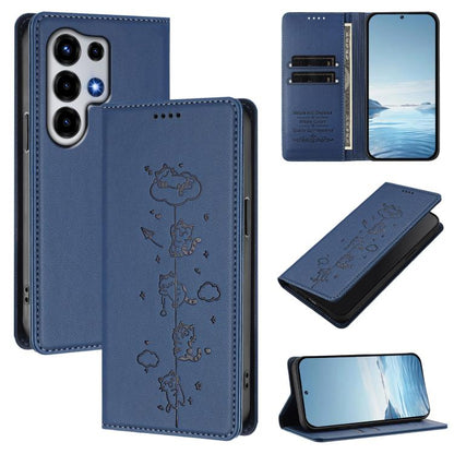 Dark blue magnetic RFID vegan leather phone case with cat line-art and side card slots