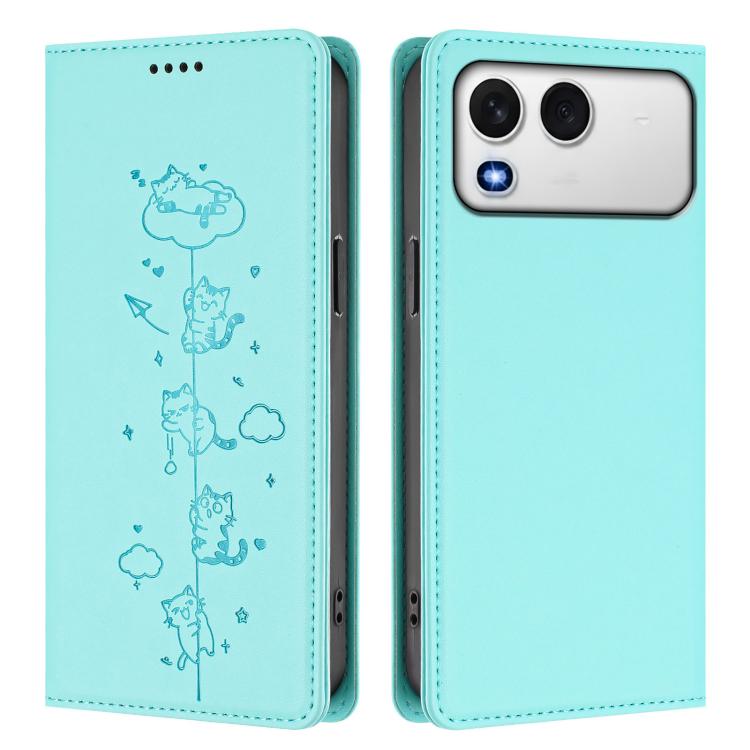 Turquoise magnetic RFID vegan leather phone case with embossed cat line-art, folio style