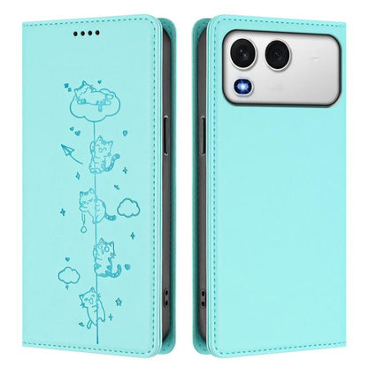 Turquoise magnetic RFID vegan leather phone case with embossed cat line-art, folio style