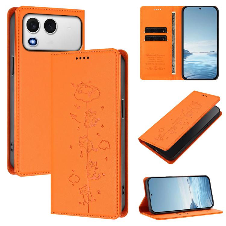 Orange cat-illustrated magnetic RFID vegan leather wallet phone case, front and back view